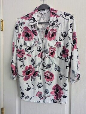 Dana Buchman White Button-Front Blouse with Pink Floral Print
